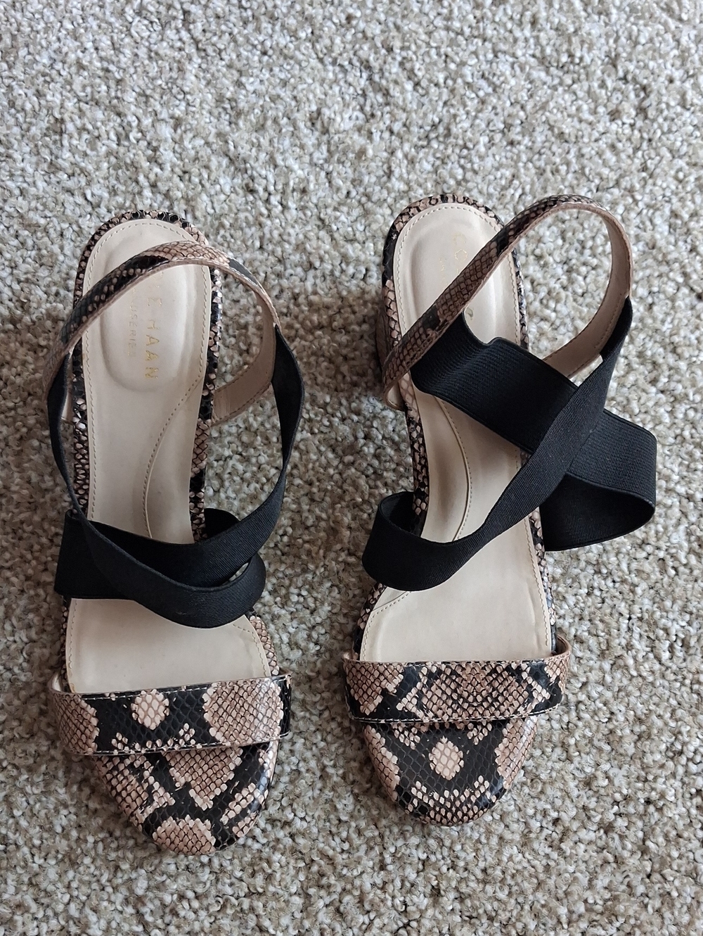 Cole Haan Snake-Print Slingback Heels with Black Elastic Cross Straps